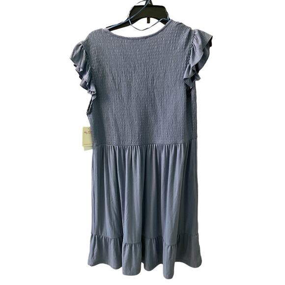 Lucky Brand Fit & Flare Dress Women's XL Blue Polyester Stretch Smocked V-Neck - Picture 2 of 6